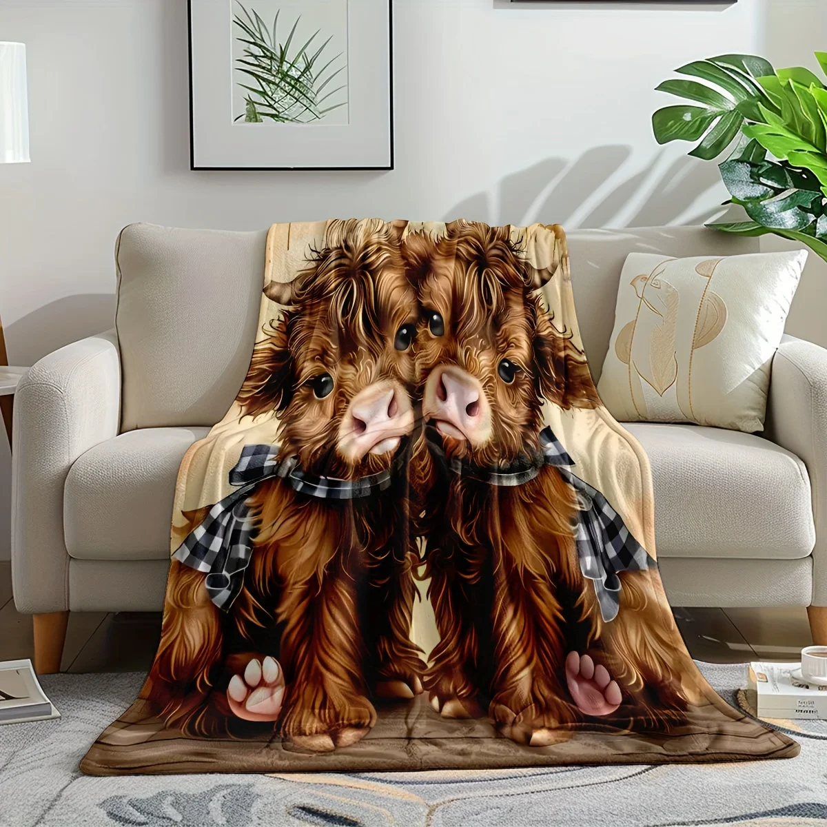 Scottish Highland Cow Cute Pet Flannel Throw Blanket, Unisex Office Nap Blanket, Car and Sofa Warm Throw Blanket, Thick Double-S