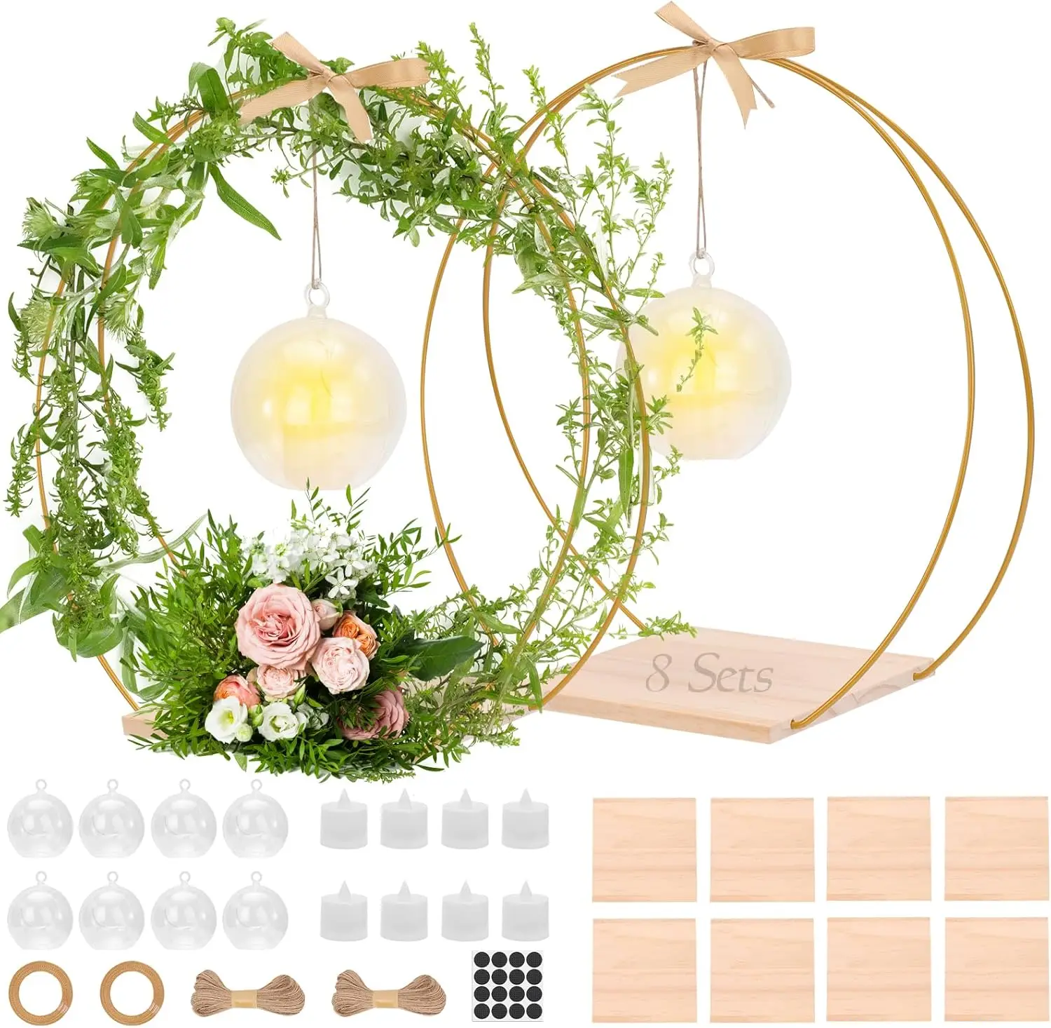 

8 Pack 12 Inch Floral Hoop Centerpiece with Stand, Double Floral Hoop Centerpiece Kit with Candle Light & Clear Acrylic Base