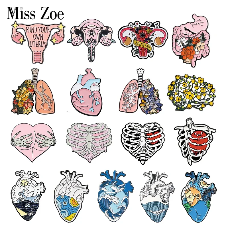 Viscera Enamel Pins Custom Heart Brain Lung Uterus Rib Cage Brooches Lapel Badges Organ Jewelry Gift for Students Friends