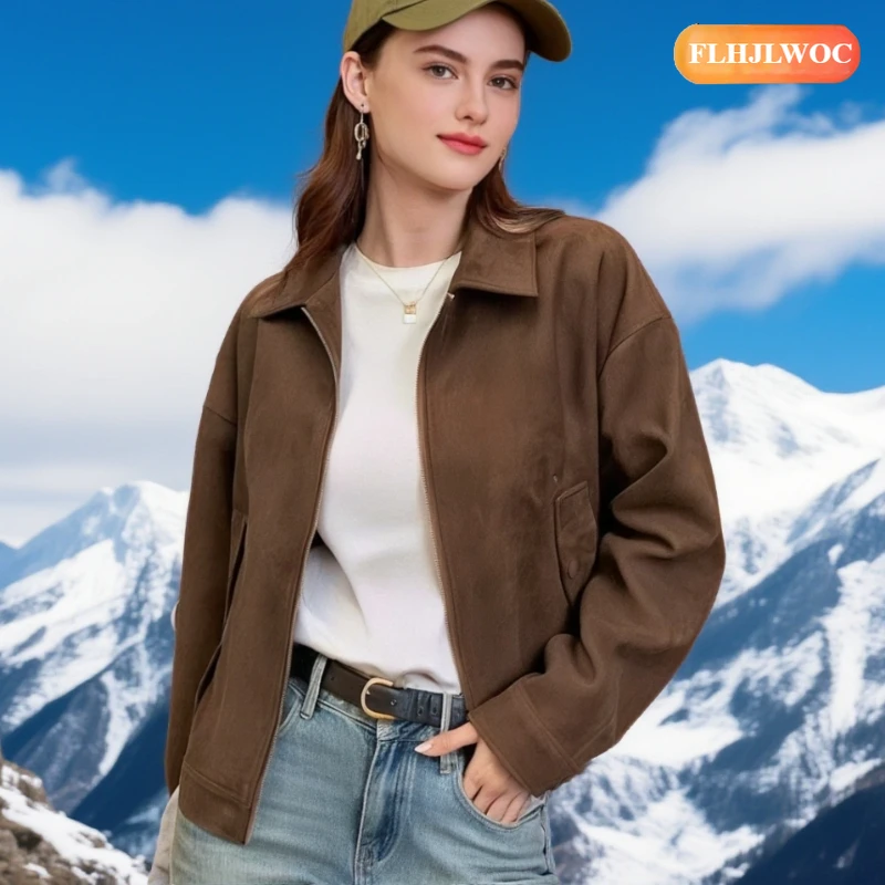 

Winter Spring Outerwear FLHJLWOC Women Short Suede Jacket Retro Vintage Chic Lazy Style Cool Fake Leather Short Coat Jackets