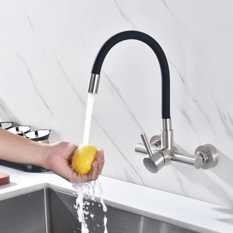 Grifo de cocina montado en la pared, tubo de silicona giratorio Universal de acero inoxidable 304, mezclador de agua fría y caliente, grifos para lavabo