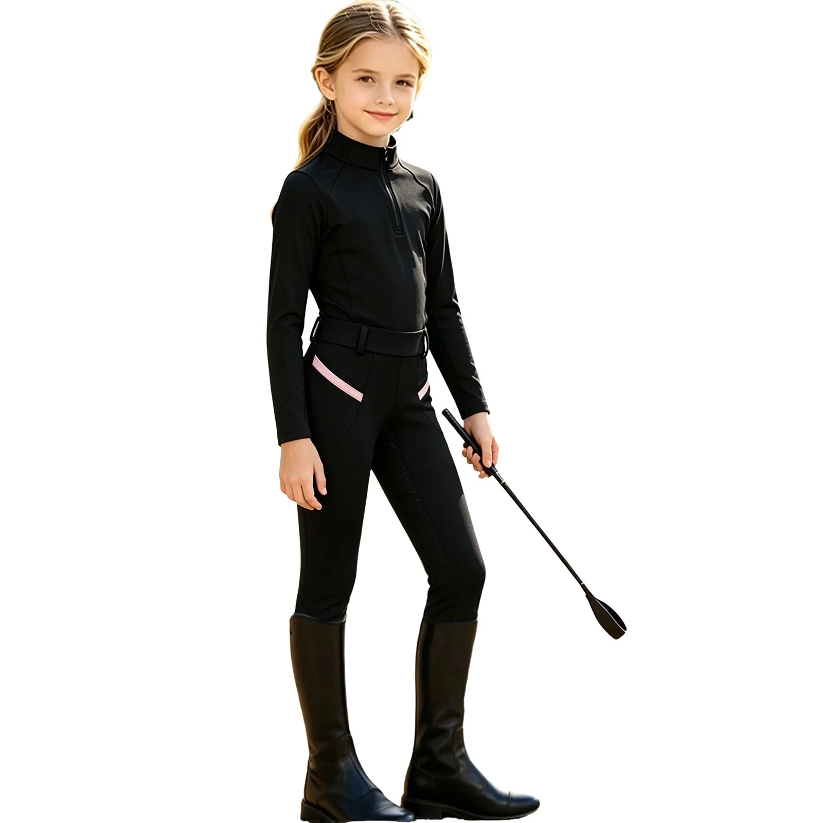 Kids Girls Equestrian Breeches Horse Riding Training Performance Costume Anti-slip Full Seat Pants Sports Leggings with Pockets