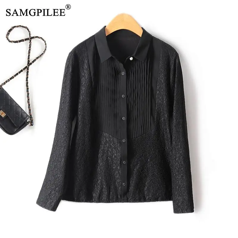 

European Station Lace Jacquard Turn Down Collar Women's Blouse Hepburn Style Single Breasted Long Sleeved Retro Bottoming Shirts