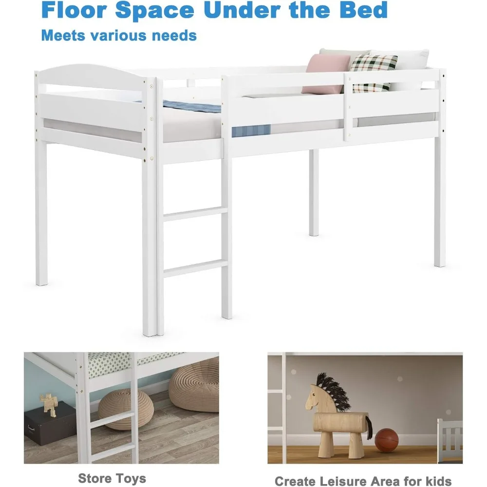 Twin Loft Bed, Solid Wood Low Loft Bed w/Guard Rail and Ladder, Boys & Girls Twin Bed for Kids Room, No Box Spring Needed