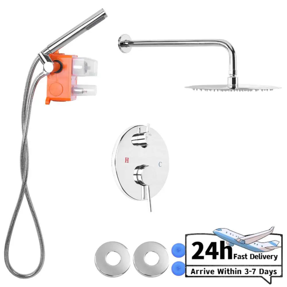 Metal Shower Faucet Trim Repair Kits with 10 Inch Showerhead Rainfall Shower System with Rough-in Valve for Home Bathroom Hotel
