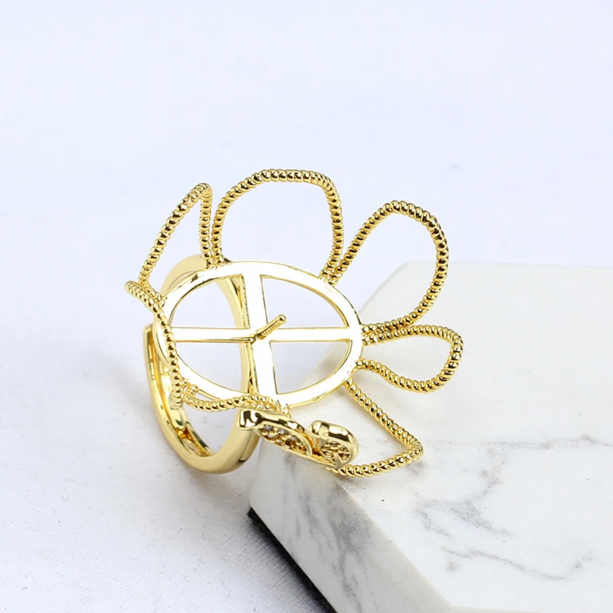 14K Gold Large Basket Baroque Adjustable Open Ring Bezel Blank DIY Findings For Handmade Jewelry Making Accessories