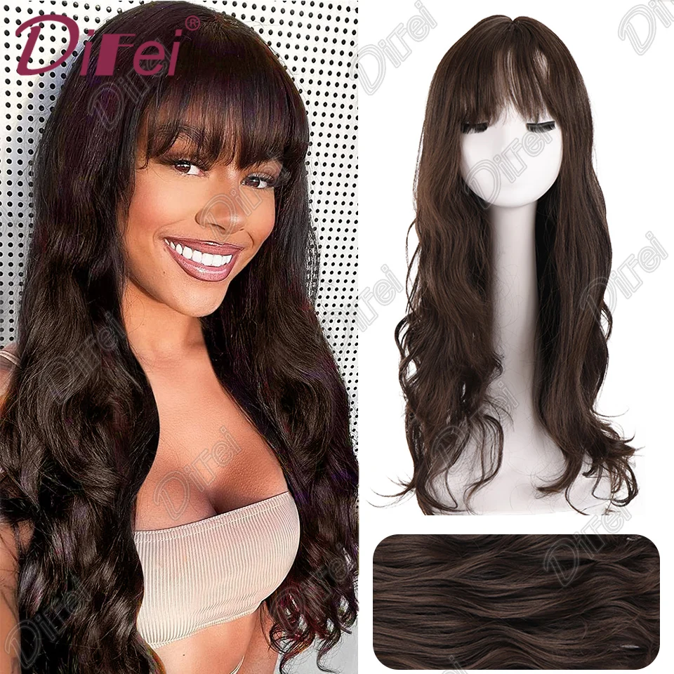 

DIFEI Длинный синтетический парик женский крутой коричневый натуральный пушистый длинный вьющийся парик с прямой челкой, подходящий для повседневного ношения