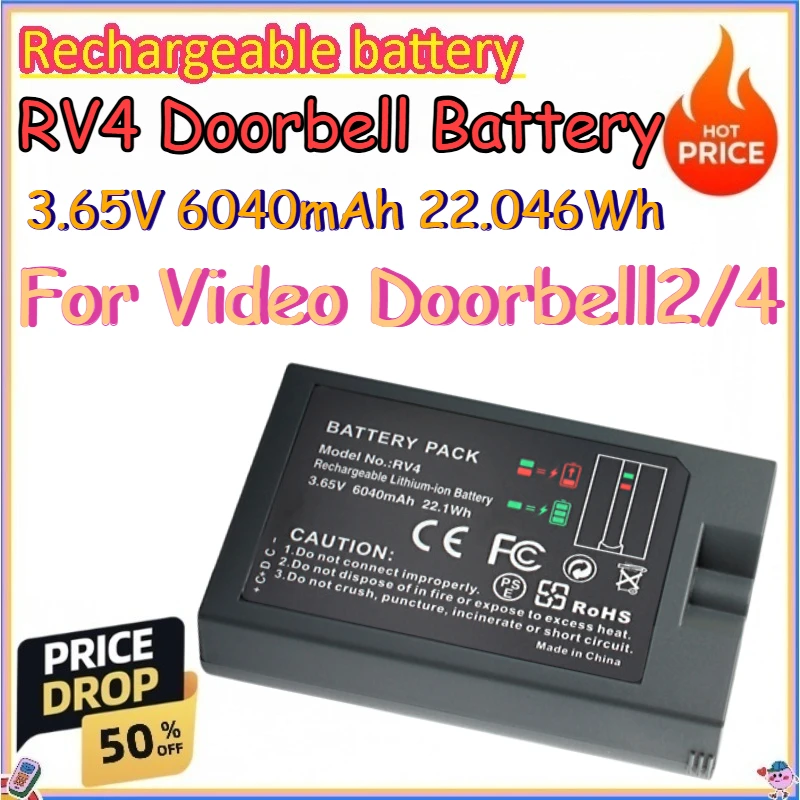 

RV4 3.65V 6040mAh 22.046Wh Doorbell Battery for Video Doorbell2/4 Rechargeable Replaceable Lithium-ion Battery