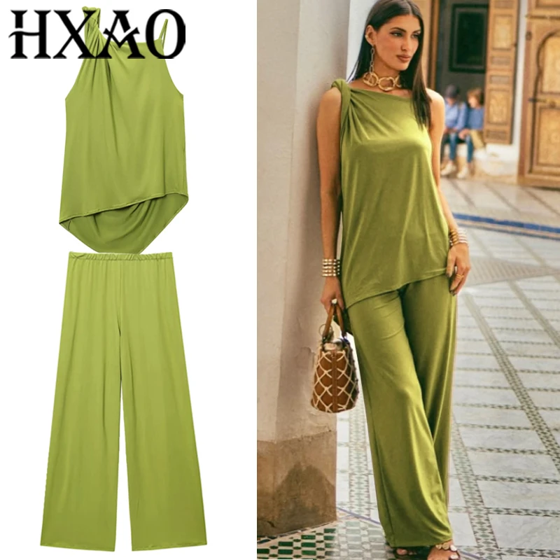 

HXAO Green Set 2 Piece Woman Baggy Pants Sets Women's Two Pieces Set Knot Asymmetrical Top Summer Wide Fluid Pants Fashion Suits