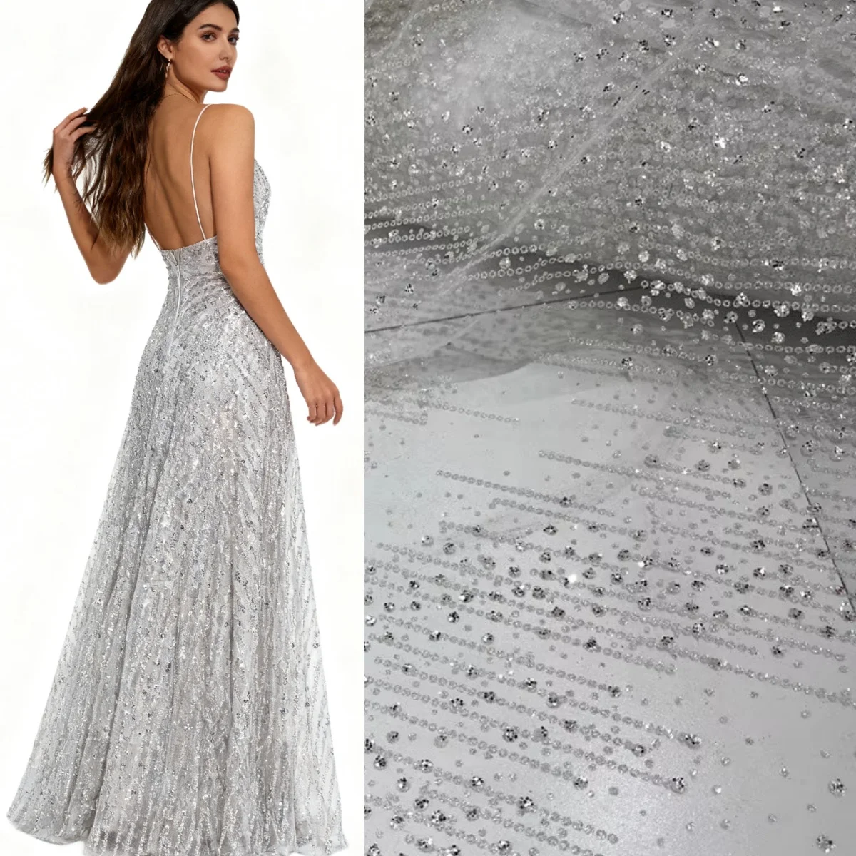 

Новая вертикальная кружевная полоска в спреем, серебряная блестящая блестящая ткань для шитья свадебного платья своими руками и ткань для вечернего платья