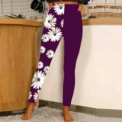 Small Daisy print stretch slim elastic waist casual leggings for women