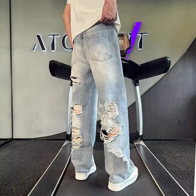 

Ripped jeans with big holes on the back for men 2025 summer vacation wear new beggar pants loose flared wide-leg pants