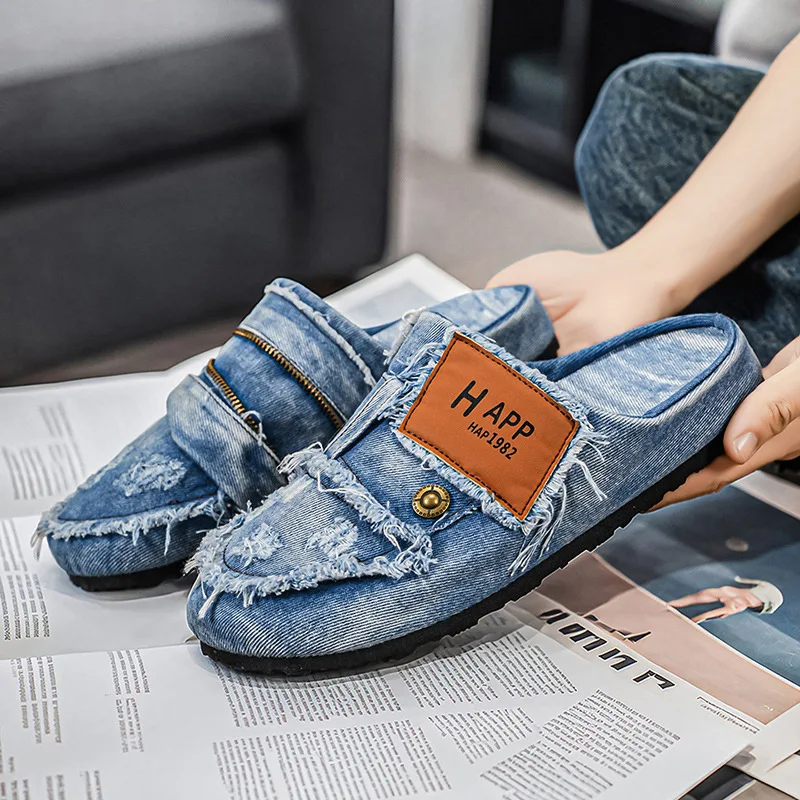 Retro vintage men's denim slippers lightweight  soft soled lazy shoes outerwear men's slippers