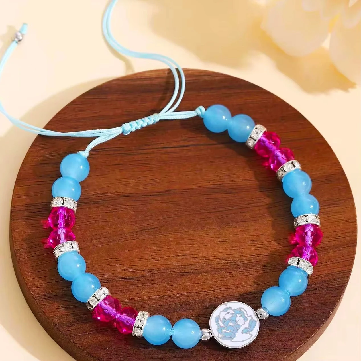 Arcane Jinx Inspired Bracelet -BlueRose Beaded Rope Hand Chain withMetal Charm, Adjustable League OfLegends Style Gift for Women