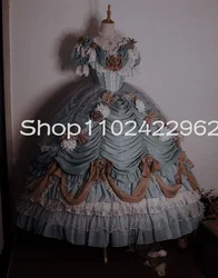 Sage Green Lolita rococo Cosplay Prom Dresses with Sleeve 3D Floral Ruffles Ruched Lace Princess Victorian Evening Gown