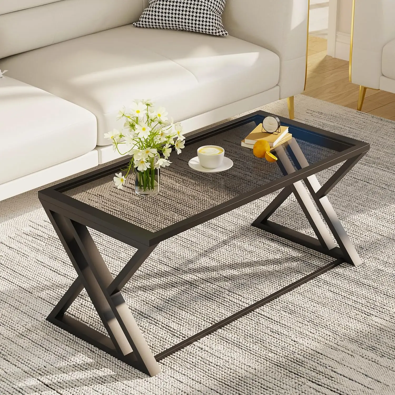 

Modern Grey Glass Coffee Table with Sturdy Metal Frame for Living Room, Bedroom, or Home Office