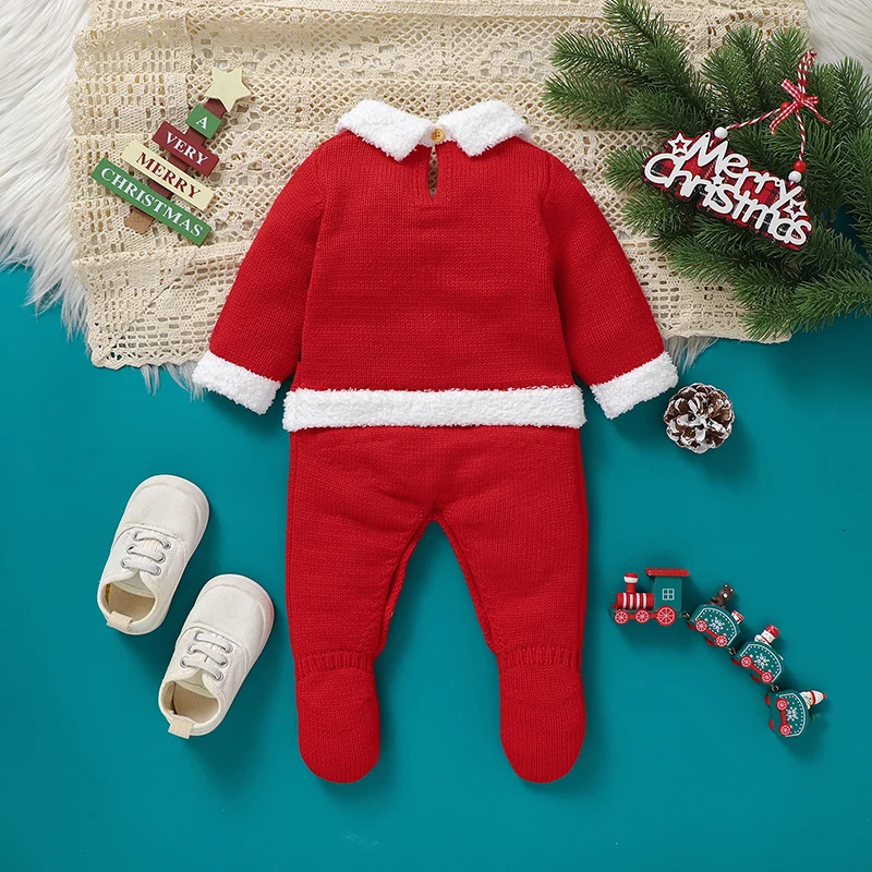 Christmas Baby Romper Knit Newborn Xmas Clothes 0-9M Fashion Santa Claus Outfit Infant Girls Boys Jumpsuit Long Sleeve Foot Wrap