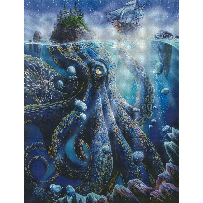 [ZZ5667-Deep Sea Octopus] Cross Stitch Kit 14CT 16CT, Cotton Embroidery Threads, Printed Fabric for Hand Stitching