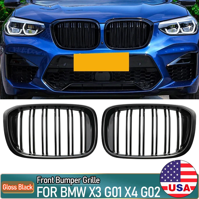 MagicKit One Pair Front Grilles Fit for BMW X-Series X3 X4 series G02 ( 5-door wagon ) 2018 - IN Gloss Black Double Line