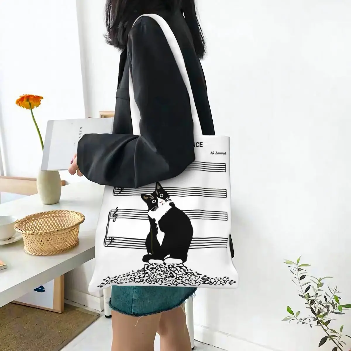 The Sound Of Silence Music And Cats Lover Canvas Tote Bag Trendy Large Capacity Shopping Bag for Unisex Musical Cat Student Bag