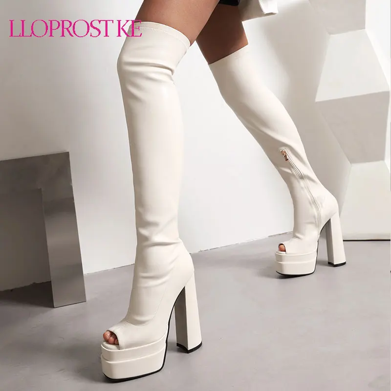 Lloprost ke Black White Green Summer Boots Women PU Leather High Heel Over The Knee High Boots Zipper Riding Boots Shoes Woman