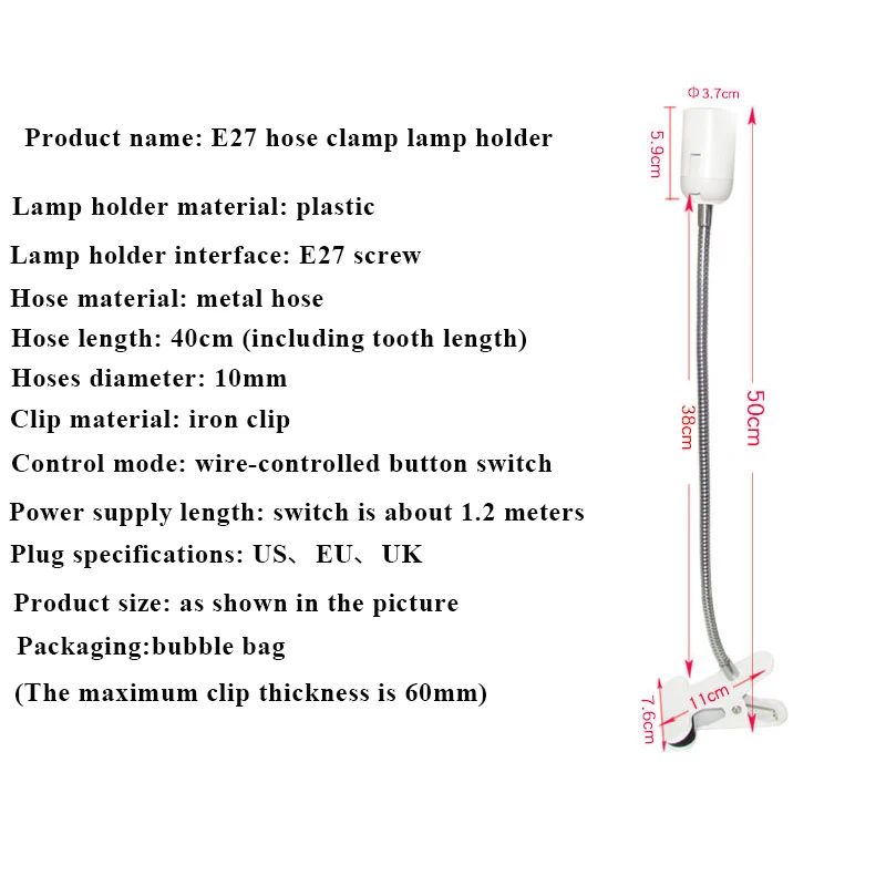 EU US Plug 360 Degree Flexible Desk Table E27 Base LED Lamp Holder Socket Clip-on Cable with Power On Switch For Bedroom Decor