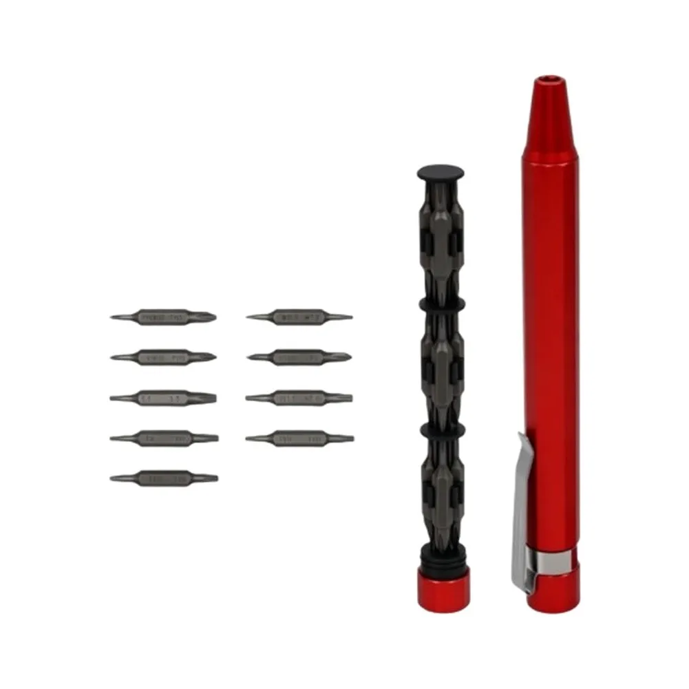 Portable Hand Tool Set with 9 Bits Pen Holder and Sandblasted Metal Body Optimized for Electronics and Small Appliance Work