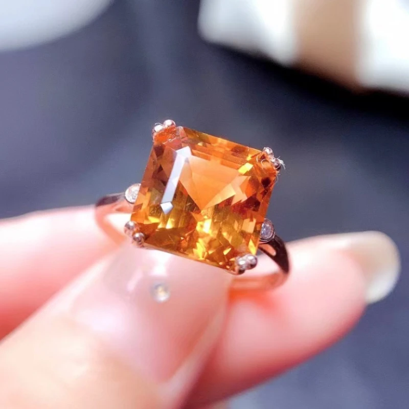 

Hotsale Natural Citrine Ring 5ct 10mm*10mm Square Citrine Silver Ring for Daily Wear 18K Gold Plating Crystal Jewelry