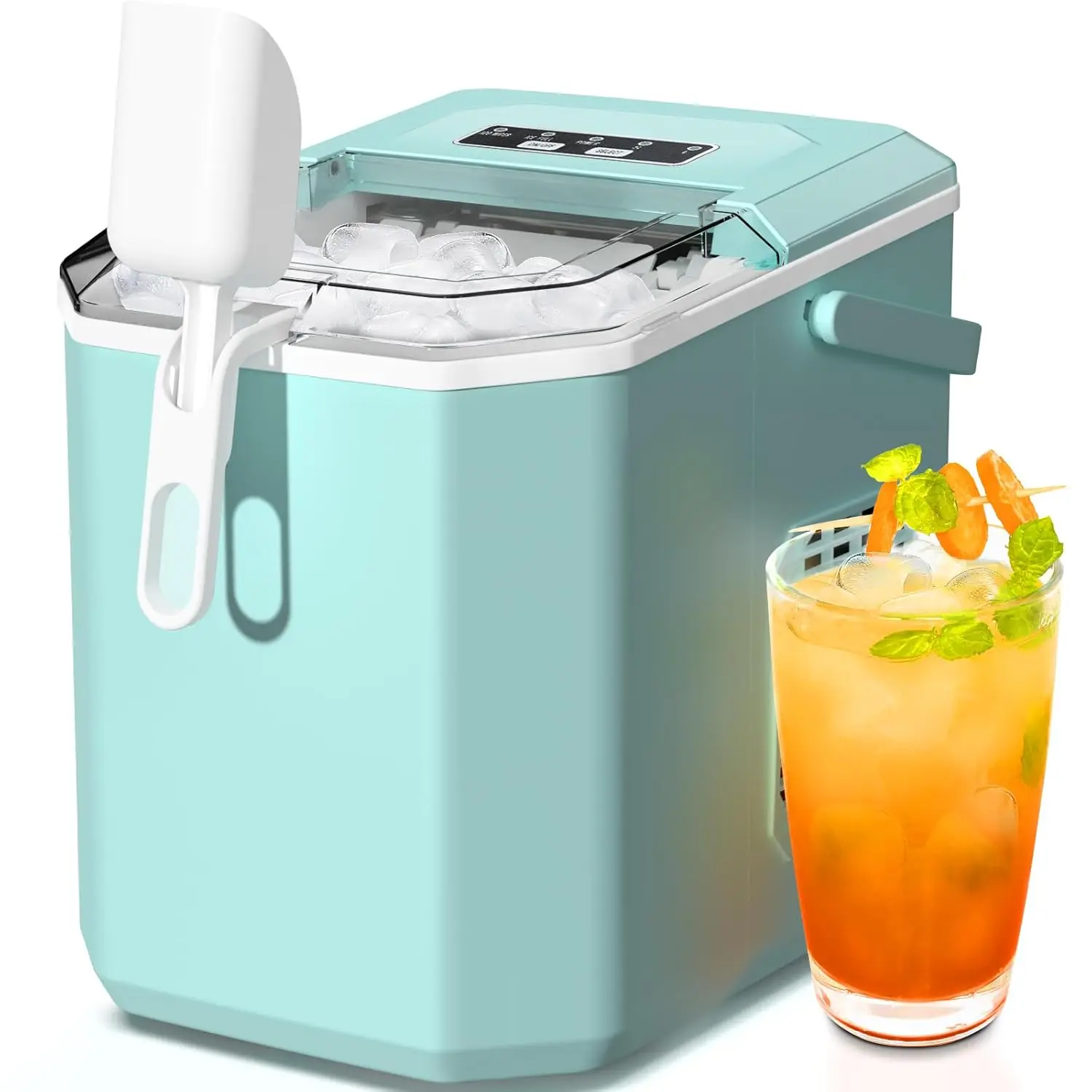

Countertop Ice Maker,Portable Ice Machine with Carry Handle,Self-Cleaning,Basket and Scoop,9 Cubes in 6 Mins,26.5lbs/24Hrs,Green