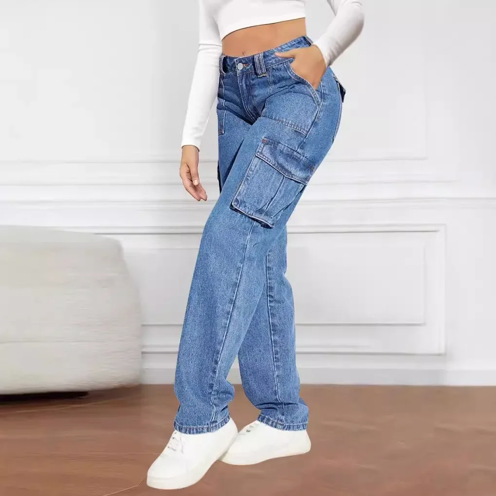 Amerikanische Retro-Cargohose mit mittlerer Taille und mehreren Taschen, lässige, lockere, gerade lange Hose für Damen, Patchwork-Jeans, Frühling und Herbst