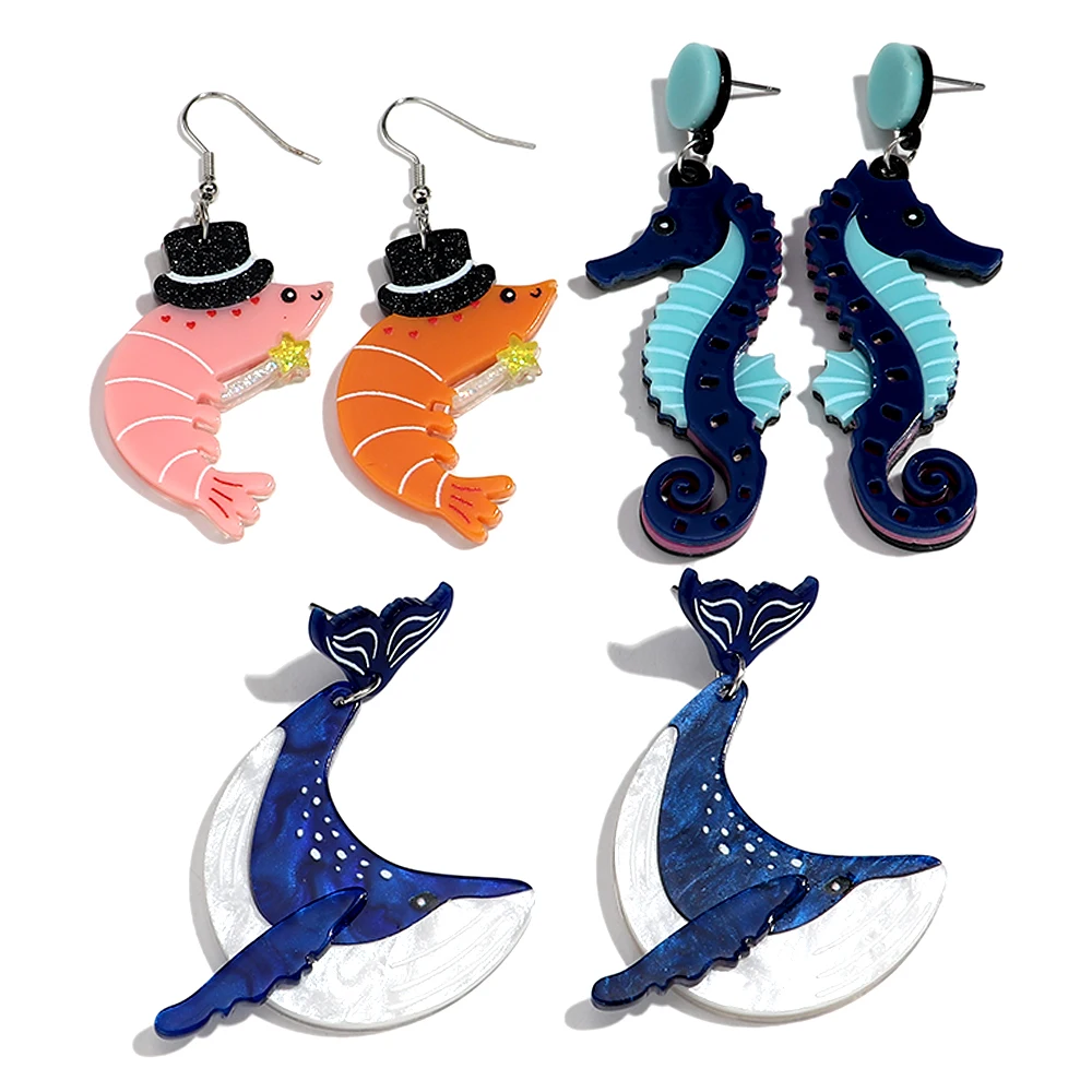 Cute Acrylic Marine Animals Drop Earrings for Women Fashion Cartoon Whale Shrimp Seahorse Earring Beach Jewelry