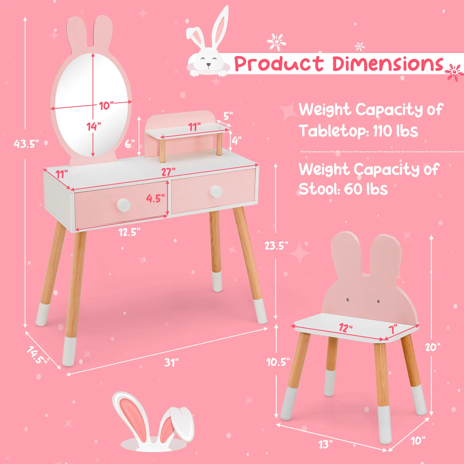 Kid Vanity Set Makeup Table Stool with Drawer Shelf Wood Leg Rabbit Mirror Pink