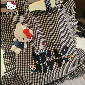 Sanrio Hallo Kitty schwarz weiß Gitter Rüschen einzelne Umhängetasche weibliche japanische Stil Mode Handtasche niedlich y2k Student Leinwand Tasche
