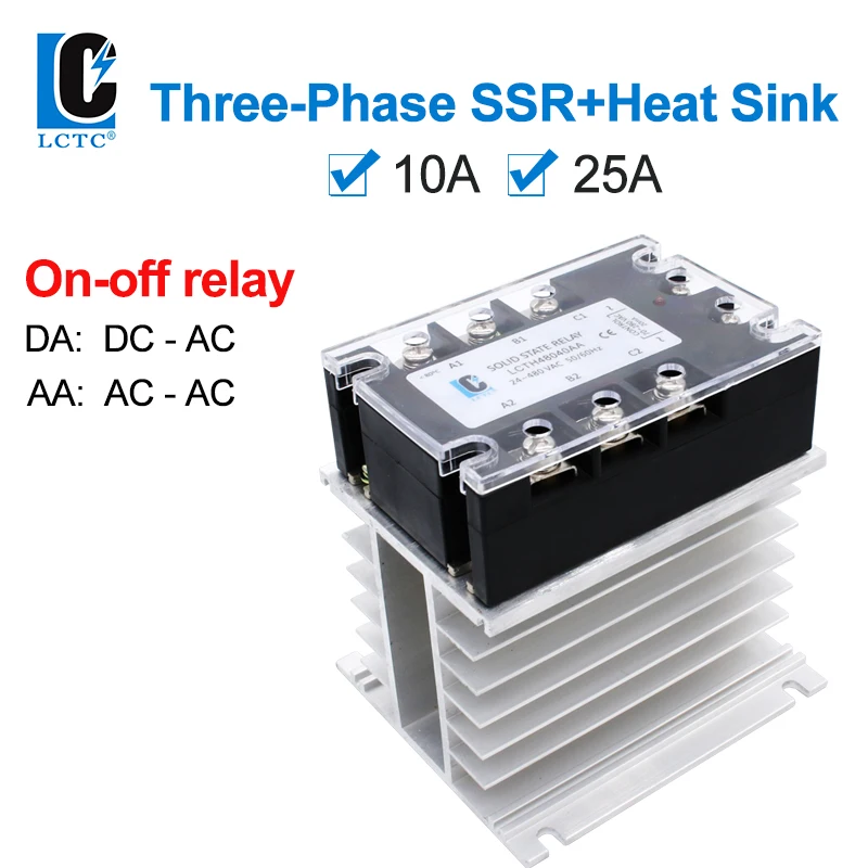 LCTC Three Phase Solid State Relay With Radiator 3-32VDC 24-480VAC 10A 25A On-off Relay 3-phase SSR DC TO AC AC TO AC