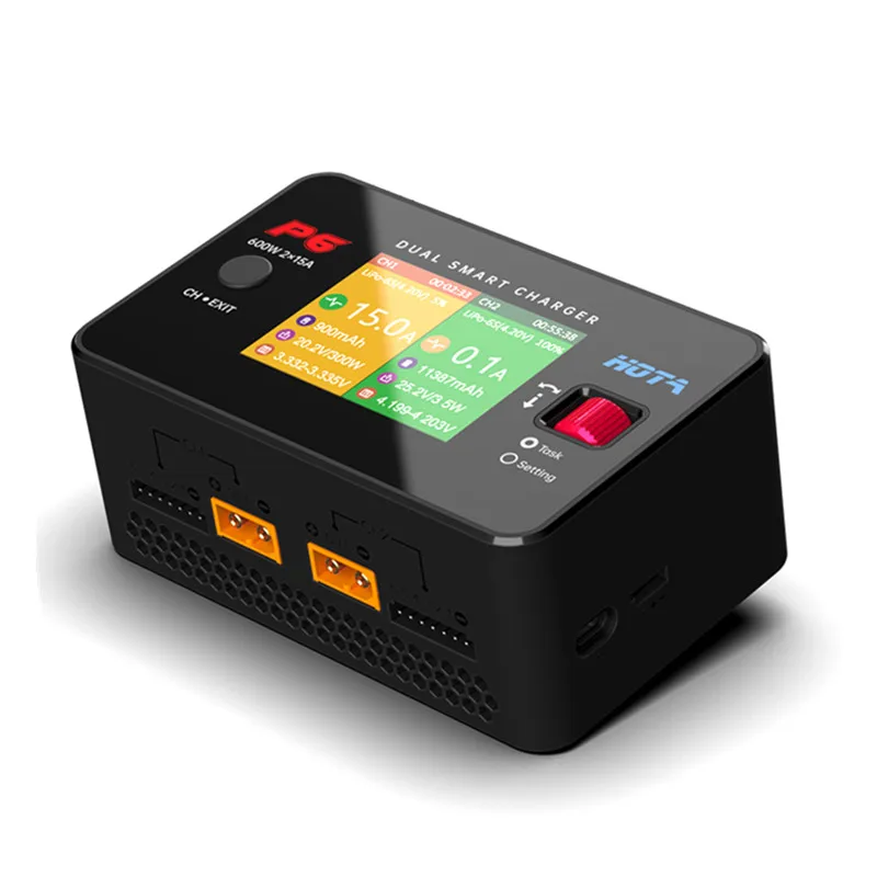 HOTA P6 DC 600W 15Ax2 Dual Channel Smart Charger For Lipo 1-6S LiIon NiMH Battery With Type-C Output 45W Charger For Drone