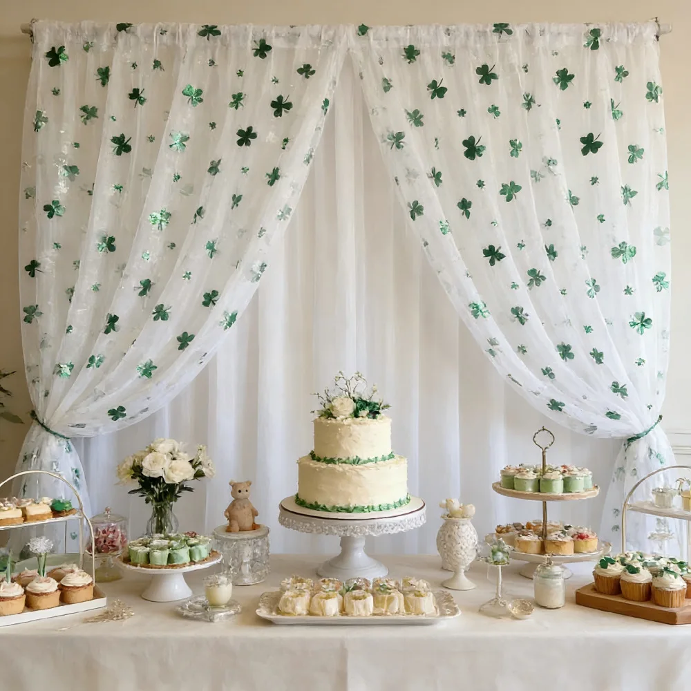 2 Park Green Shamrocks Backdrop Curtain Sheer for Wedding Parties Bridal Shower Birthday Baby Shower Photo Shoot Background