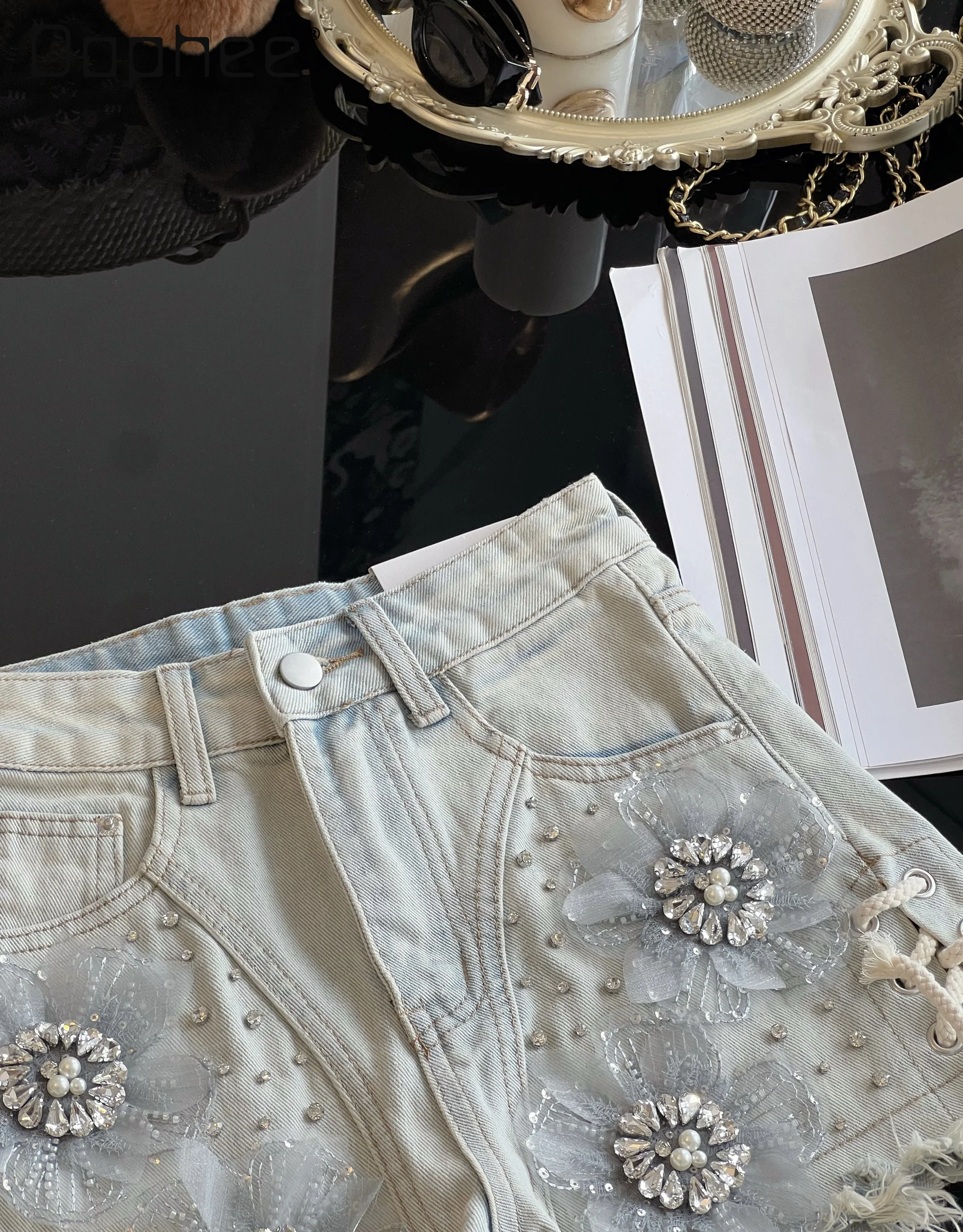 Retro Strap Denim Shorts Women Summer New Heavy Industry Diamond-encrusted High-waisted Slim Wide-leg Pants Fashion Sexy Jeans