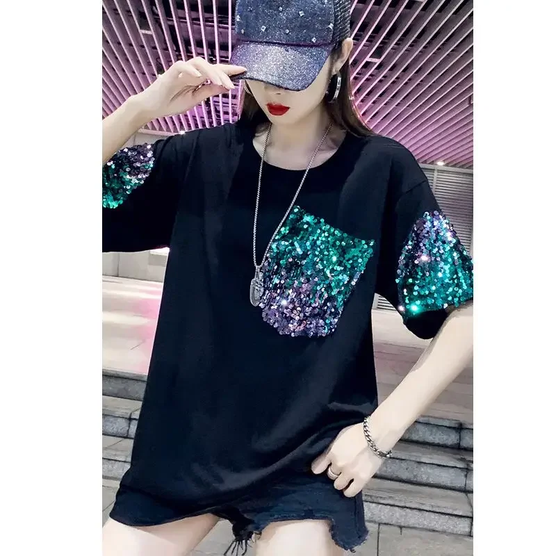 Women High Street Casual Loose Pullovers Cotton Sequin Patchwork Chic Tops Summer New Round Neck Fashion Short Sleeve T-Shirts