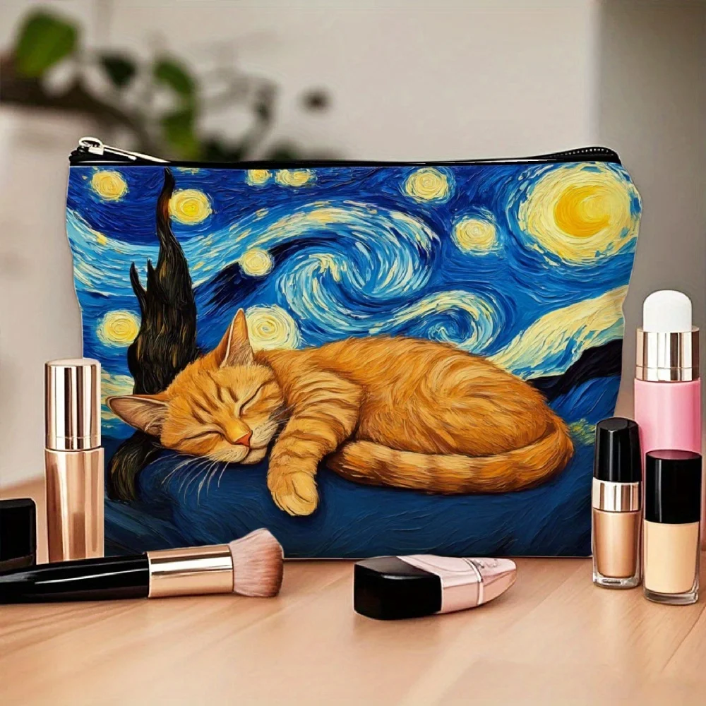 حقيبة مكياج مطبوعة على شكل قطة مرصعة بالنجوم - حقيبة نسائية لطيفة متعددة الوظائف بسحاب، حقيبة تخزين المجوهرات