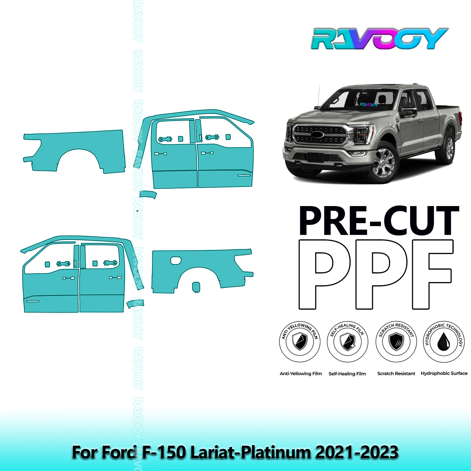 

For Ford F-150 Lariat-Platinum 2021-2023 8.5mil Clear Matte Pre-Cut PPF Door & A/B Pillar Kit TPU Paint Protection Film Set