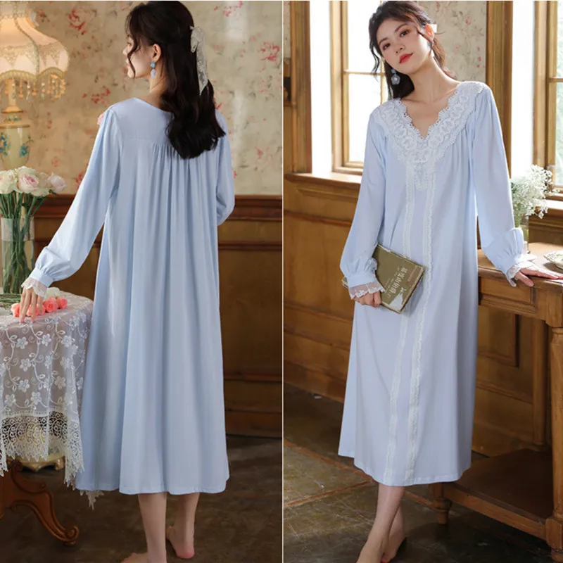 Spring Autumn Night Wears For Women Long Dress Casual V Neck Long-Sleeve Nightdress Loose Cotton Nightgowns Female Vestidos