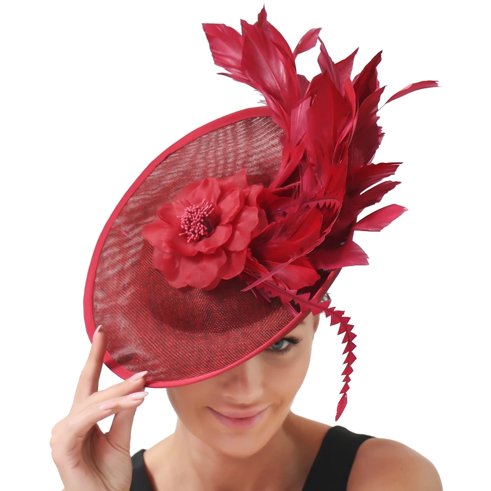 

Elegant Sinamay Wine Red Wedding Hats Headwear For Women Derby Party Fascinators Hat Ladies Cocktail Hair Accessory SYF744