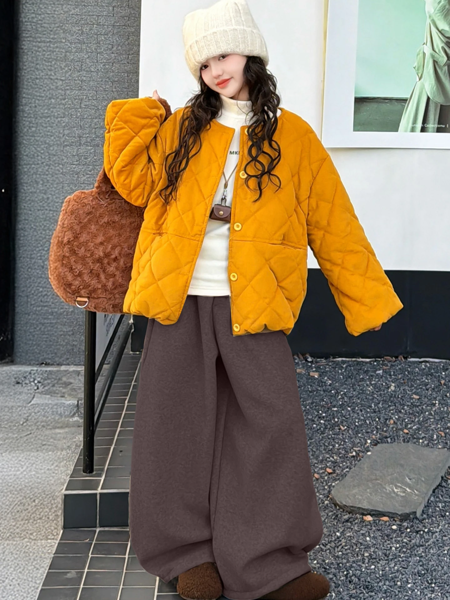 

Thiened Fce Children's Outfit Autumn Winter High Waist Wide Leg Pants Long Sve Cotton Coat Two Piece Set for Girls