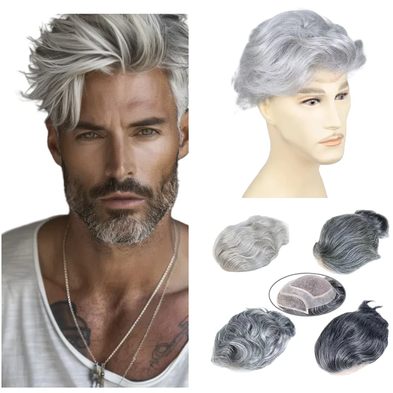 

Мужской парик из натуральных волос 8x10 дюймов, моно-основа с серыми оттенками | 1B60 1B90 # 7 # 613 1BT60 для необнаружной системы волос