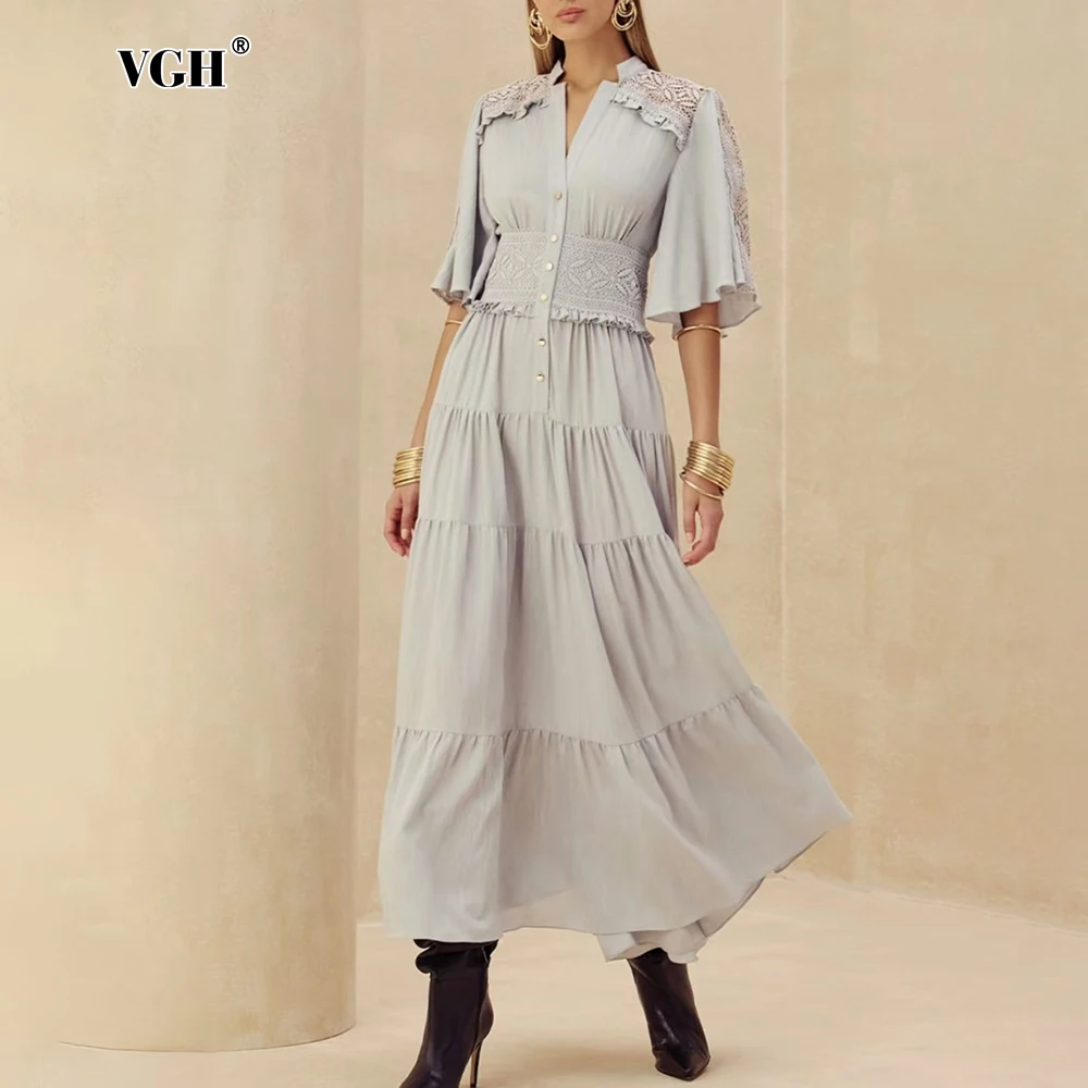 

VGH Solid Spliced Fungus Edge Elegant Dress for Women V Neck Half Sleeve High Waist Patchwork Button Long Dresses Female Style