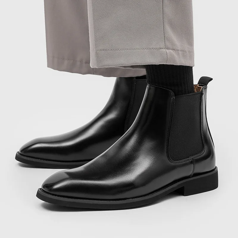 Luxury Handmade Mens Leather Chelsea Boots 2026 Autumn Retro Pointed Toe Slip on Casual Business Social Shoes for Male Size 44