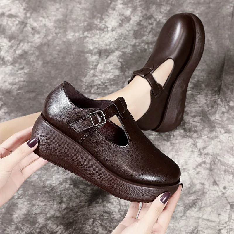 2024 New Autumn Handmade Retro Shoes Women PU Leather Shoes Lady Muffin Platform Soft Comfortable Mother Flat Shoes Black Brown