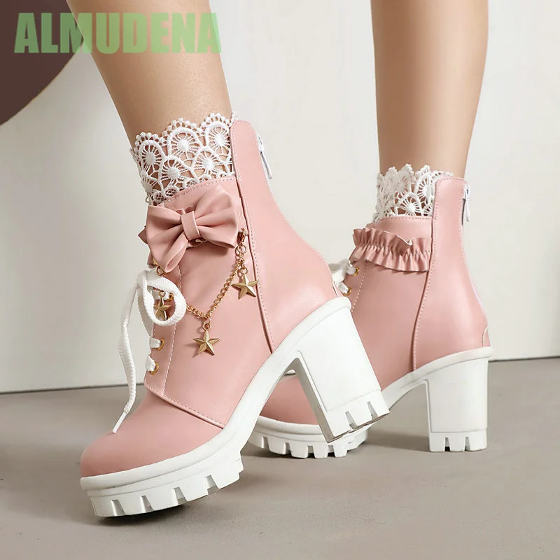 Lace Patchwork Thick Sole Thick Heel Short Boots Fashionable Round Toe Super High Heels Bow Tie Front Versatile Ankle Boots
