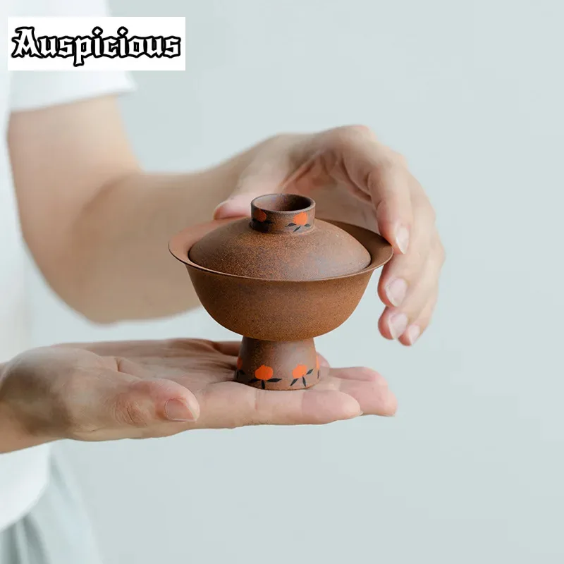 

100ml Pure Hand-painted Shoutao High Foot Gaiwan Antique Old Rock Mud Tea Tureen Household Tea Making Cover Bowl Teaware Craft