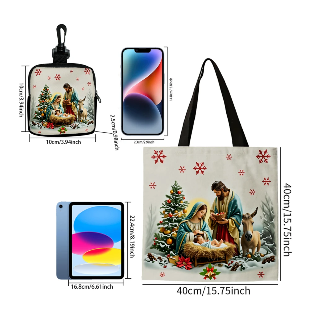 Christmas Nativity Scene Holy Family Print Tote Bag with Coin Purse - Jesus Mary Joseph Snowflake Print Reusable Shopping Bag